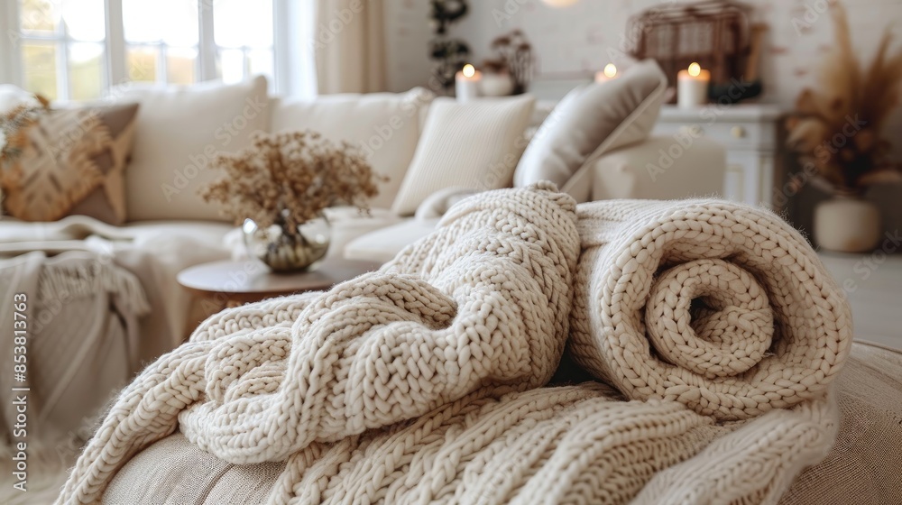 Cozy living room interior with knitted blanket on comfortable sofa Cozy living room interior with knitted blanket on comfortable sofa
