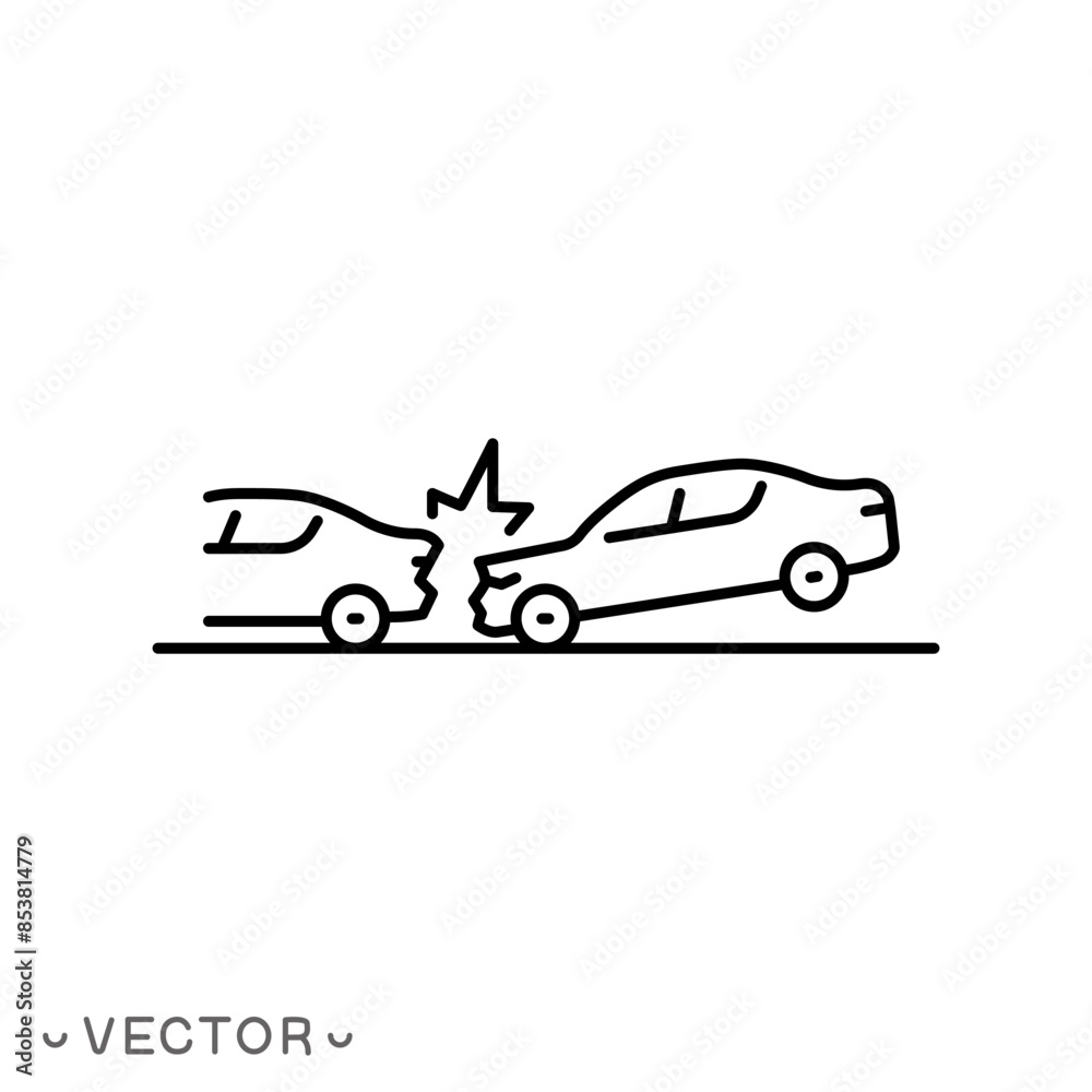 Car collision, damage or accident line icon, Vehicle road collision automobile damage in traffic violation, road crash with car hit from behind, thin line symbol , eps 10 vector illustration Car collision, damage or accident line icon, Vehicle road collision automobile damage in traffic violation, road crash with car hit from behind, thin line symbol , eps 10 vector illustration