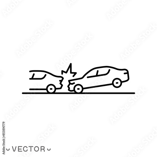 Car collision, damage or accident line icon, Vehicle road collision automobile damage in traffic violation, road crash with car hit from behind, thin line symbol , eps 10 vector illustration