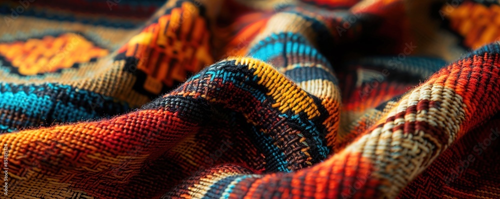 A closeup of a jacquard knit fabric with a geometric pattern, highlighting the complex weave and rich texture in a combination of bold colors. A closeup of a jacquard knit fabric with a geometric pattern, highlighting the complex weave and rich texture in a combination of bold colors.