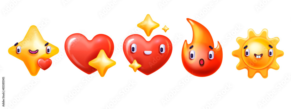 3D smile sticker set, vector plastic heart shape, cartoon cute character icon, fire flame, sun, star. Groovy y2k emotion face, funny kawaii comic web clipart, glossy decoration object. 3D sticker sign
