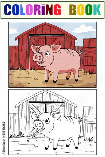 Set color and coloring book example. Barn in an agricultural yard with a pig. Generative ai vector.