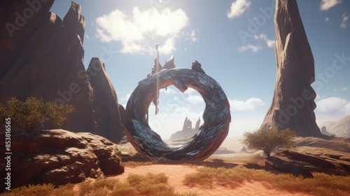 Circular stone structure in middle of a canyon. Generative AI