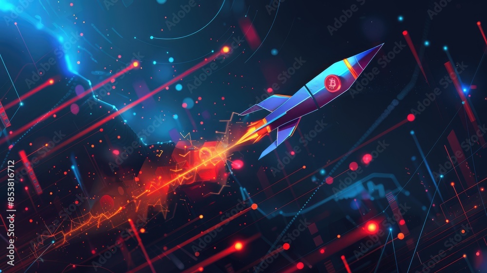 Fototapeta premium Bitcoin graph with a rocket and increasing trend lines, highlighting the cryptocurrency's market surge. AI generative illustration