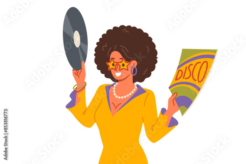 Disco woman holds vinyl record and invites you to retro holiday party with opportunity to dance and have fun. Girl in disco outfit enjoys listening to songs from authors from last century