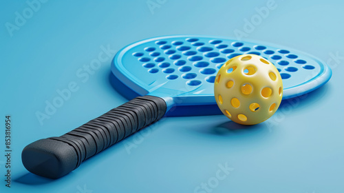 Paddle racket and plastic ball on blue background for sports and recreation