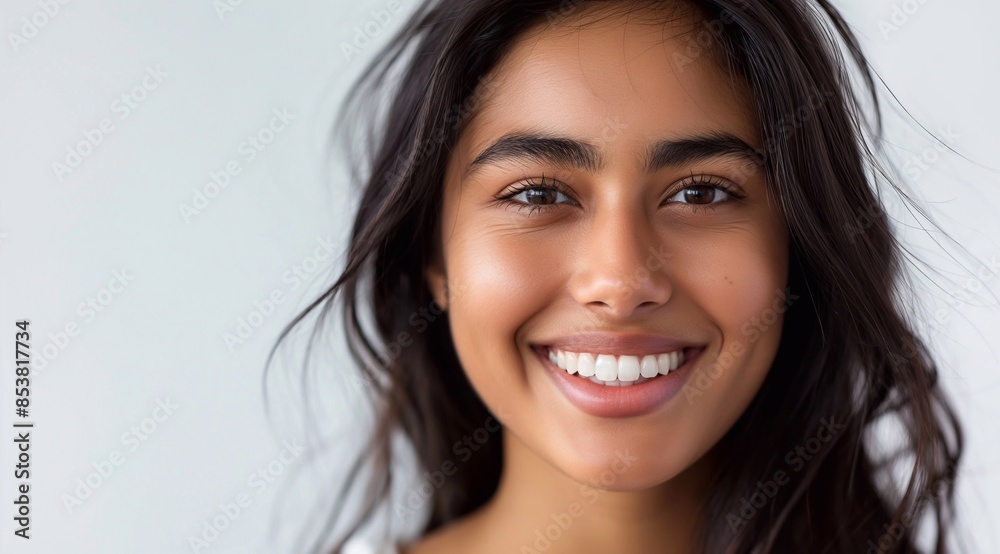 a closeup photo portrait of a beautiful young asian indian model woman smiling with clean teeth. used for a dental ad. isolated on white background. a closeup photo portrait of a beautiful young asian indian model woman smiling with clean teeth. used for a dental ad. isolated on white background.