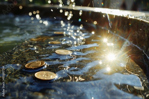 View into a fountain with a few coins in the wate reflecting the sunlight. photo