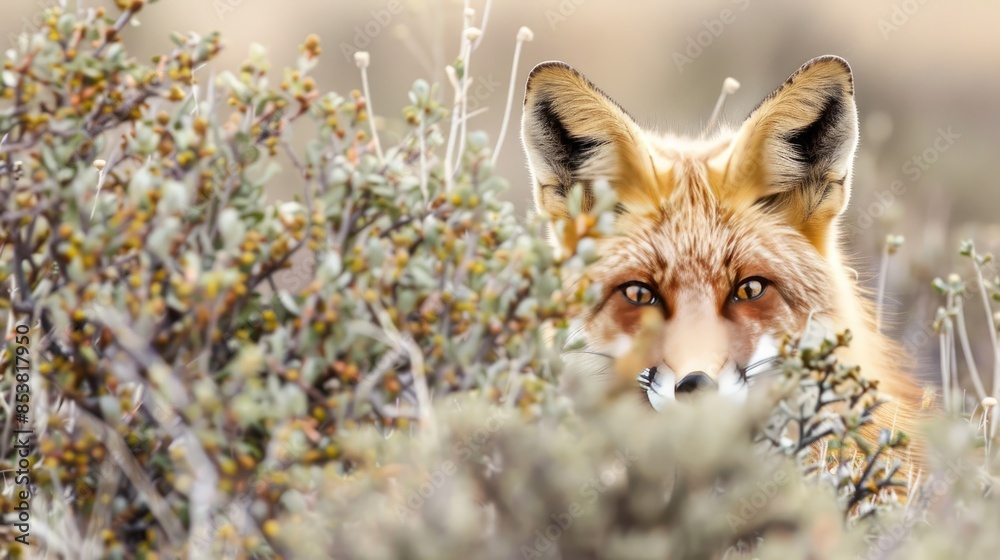 Fototapeta premium Curious red fox peeking out from behind a bush, eyes bright and alert.