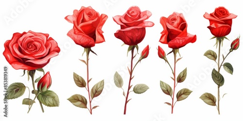 A row of five red roses are shown in various stages of growth