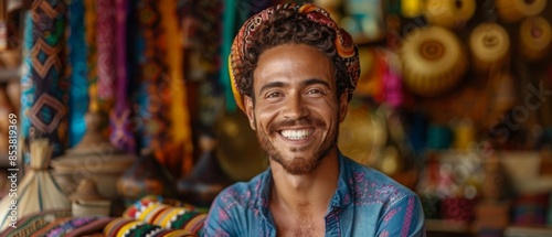 Man smiles and welcomes customers who are traveling with souvenirs in various places