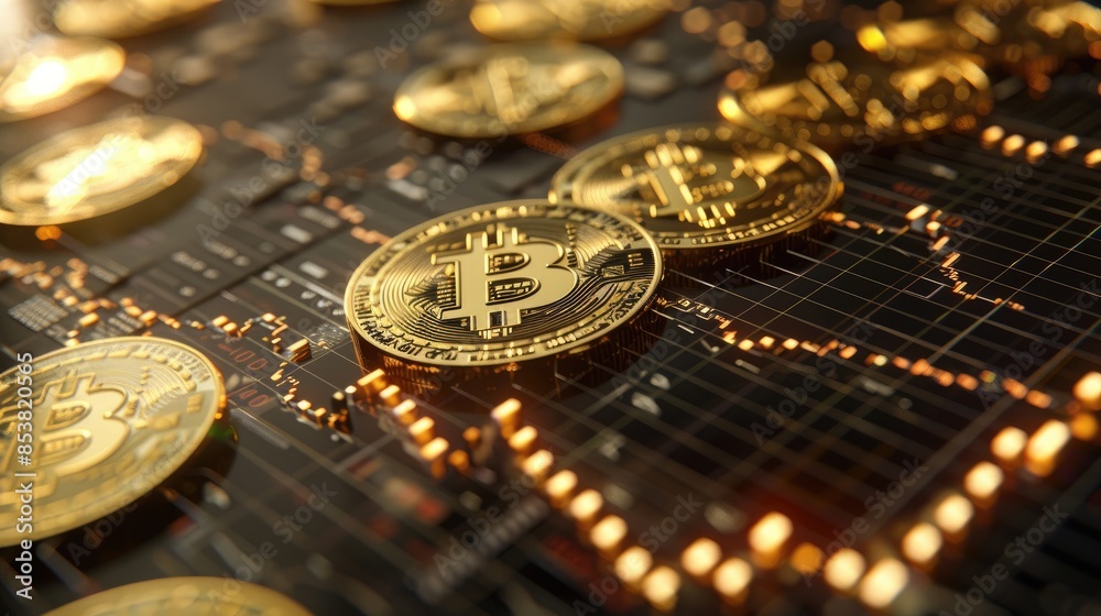 Golden Bitcoin coins surrounding a bullish stock chart, reflecting a significant rise in the market Golden Bitcoin coins surrounding a bullish stock chart, reflecting a significant rise in the market