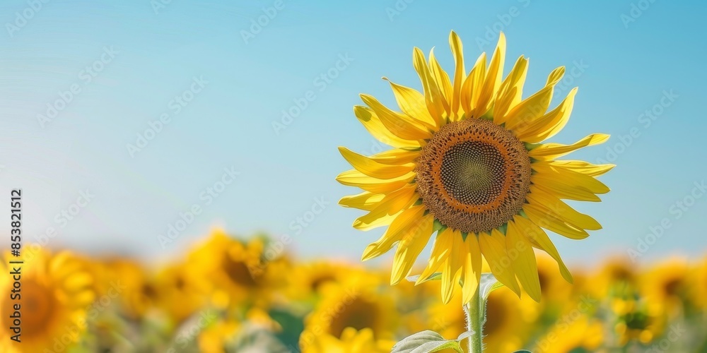 Big and bright yellow sunflower in the field of sunflowers Big and bright yellow sunflower in the field of sunflowers
