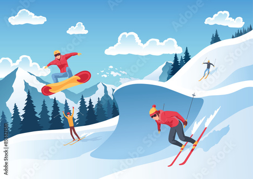 Mountain ski resort landscape. Winter web banner design. Sport on vacations or winter activity. Sports descent on skis in mountains hills. Vector cartoon illustration