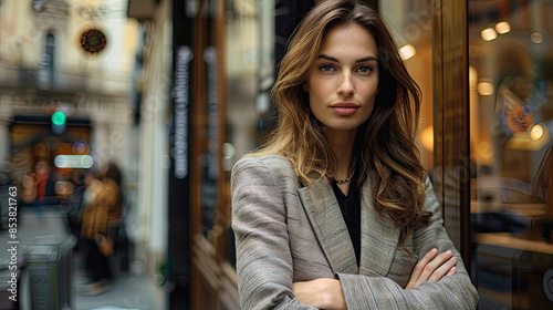 Wallpaper Mural elegant rich blonde woman model with a neutral expression facing forward against the background of a view in front of a luxury shop Torontodigital.ca