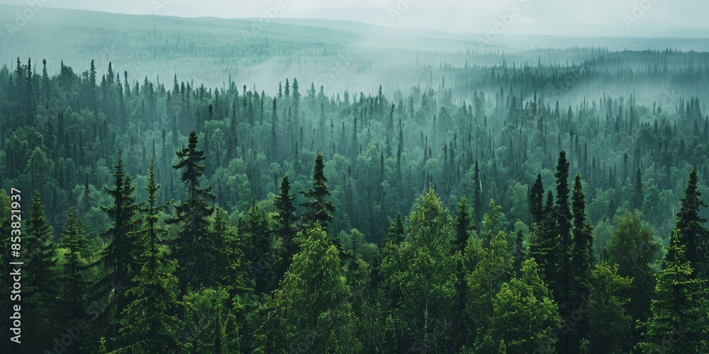 Obraz premium The image shows a beautiful landscape of a coniferous forest