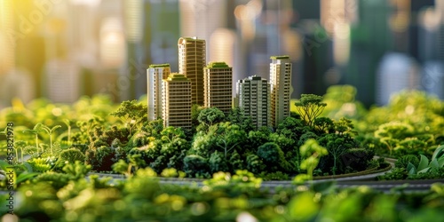 The image shows a miniature city model with green plants and trees. © Kamonwan