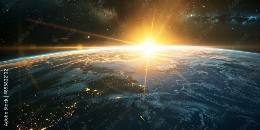 The sunrise view from outer space showing the curvature of the Earth. The sunrise view from outer space showing the curvature of the Earth.