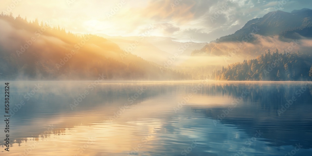 The sunrise over the misty lake. The sunrise over the misty lake.