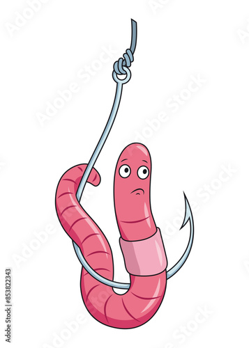 Cute worm character on hook. Fishing leisure icon. Funny symbol on fishing hook in cartoon style. Vector illustration