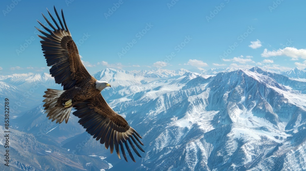 Fototapeta premium Powerful eagle soaring high above the mountains, wings spread wide against the clear blue sky