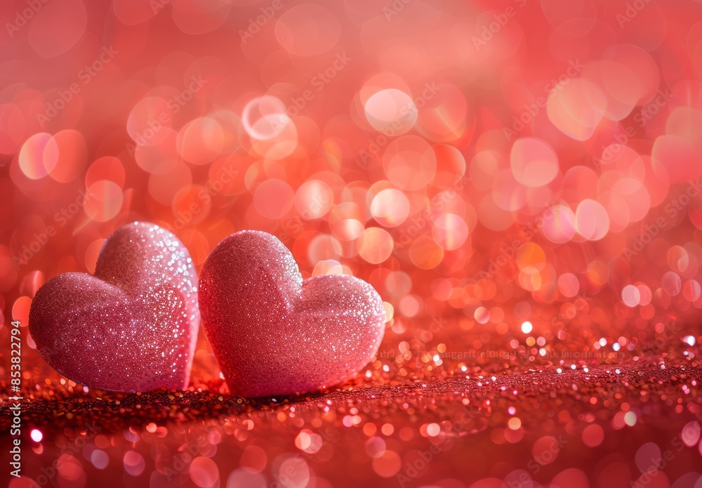 Pair of pink hearts on red sparkling background with bokeh effect for Valentine's Day celebration Pair of pink hearts on red sparkling background with bokeh effect for Valentine's Day celebration