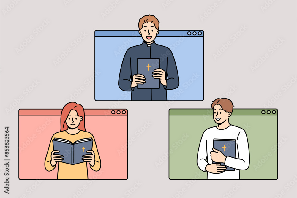 Online mass of priest reading bible with believers looking out of computer windows. People study christian and catholic or orthodox religion and prayer through remote mass on internet Online mass of priest reading bible with believers looking out of computer windows. People study christian and catholic or orthodox religion and prayer through remote mass on internet