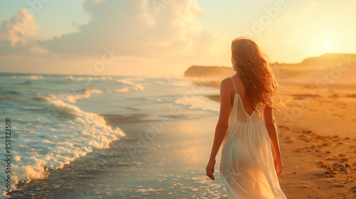 A woman in a white dress walks along a sandy beach as the sun sets, casting a warm glow over the ocean waves © Pavel Lysenko
