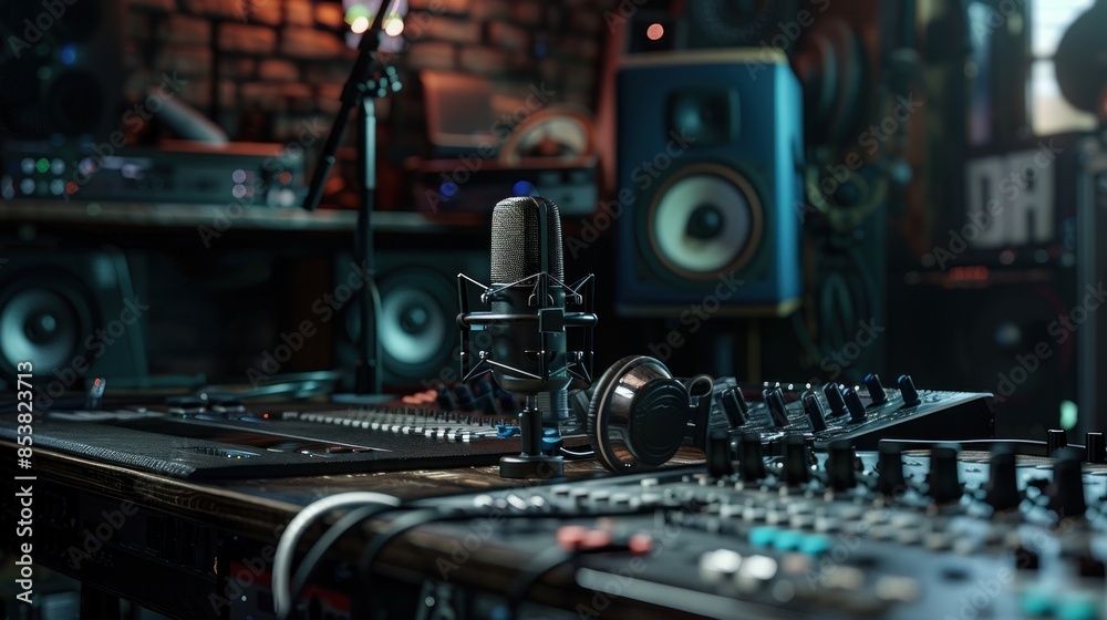 Professional microphone and headphones, and sound system on the table. at the radio station, entertainment, and communication concept. Web banner graphic design. Professional microphone and headphones, and sound system on the table. at the radio station, entertainment, and communication concept. Web banner graphic design.