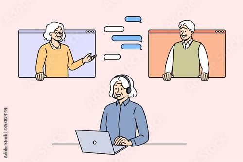 Elderly people participate in online negotiations through virtual chat, using laptop or looking out computer windows. Woman online support specialist responds to customers via text and audio messages
