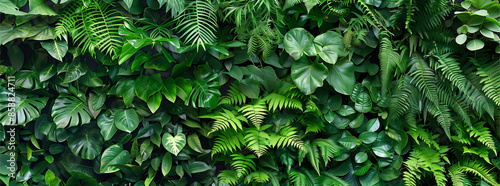 Lush Green Wall with Tropical Leaves and Ferns