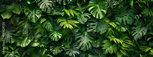 Lush Green Wall with Tropical Leaves and Ferns