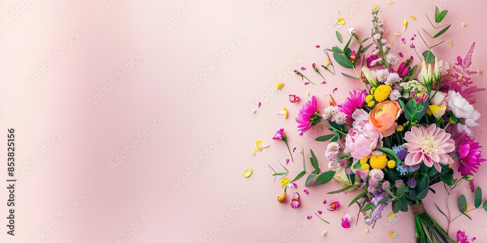 Naklejka premium A vibrant bouquet of mixed flowers on a pink background with room for text.