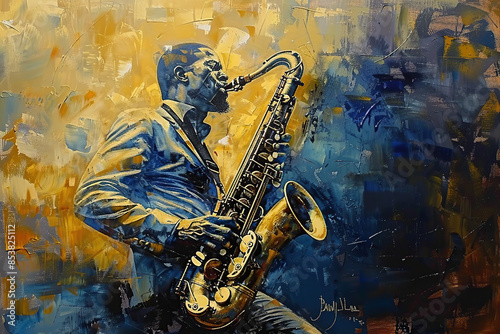 Jazzman plays saxophone on grunge background. For celebrating 31th July - uncommon musical instrument day photo