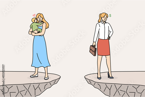 Priorities between family and career for woman who successfully combines raising child and business. Girl with baby or businesswoman stands on opposite rocks, discussing different priorities in life