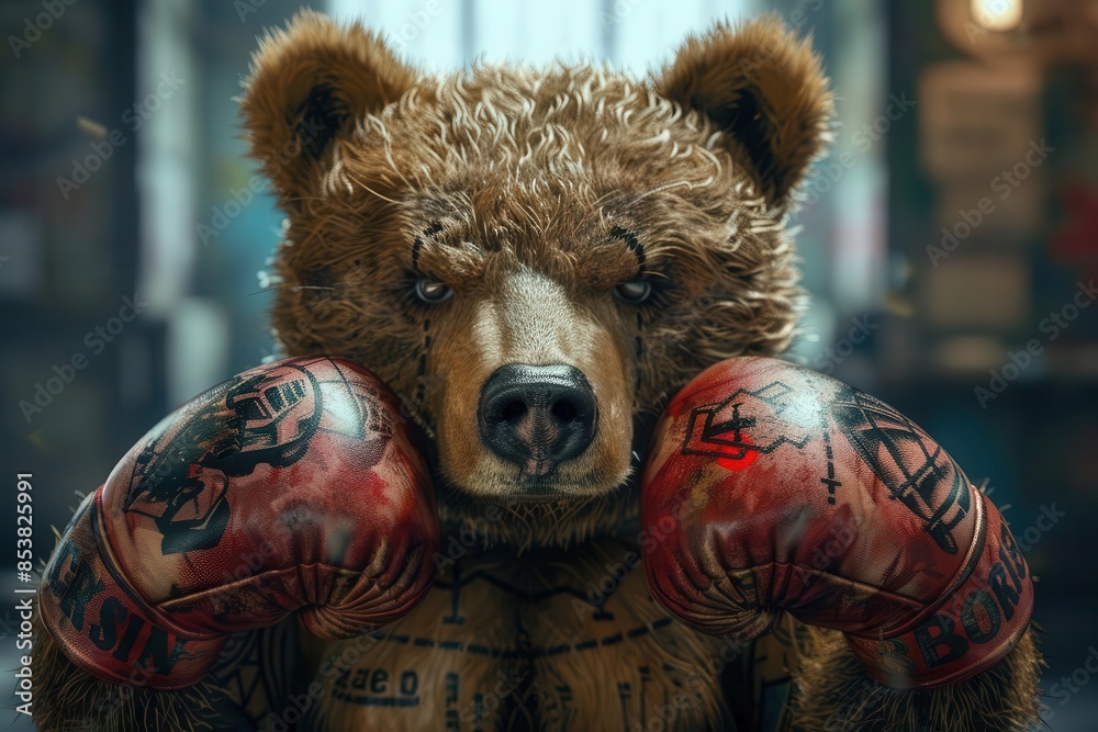 boxing bear with economic graphs tattooed on fur resilience in financial adversity concept 3d illustration boxing bear with economic graphs tattooed on fur resilience in financial adversity concept 3d illustration