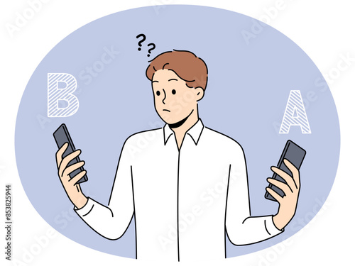 Confused man choose between different cellphones models. Frustrated male compare smartphone a and b. Technology and device comparison. Vector illustration.