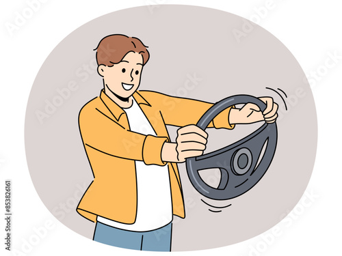 Smiling man with steering wheel in hands learn driving. Happy guy with car wheel have driving lessons. Vector illustration.