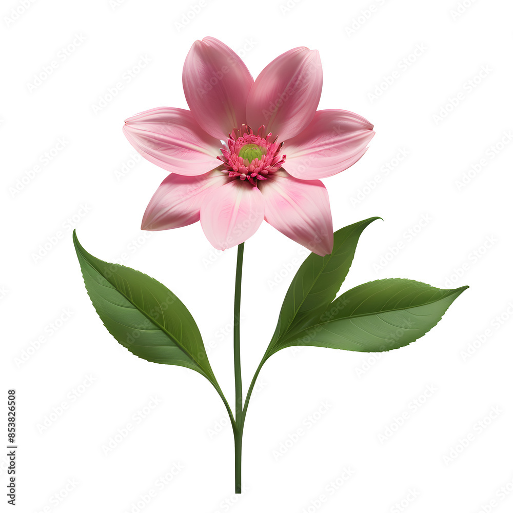 Single pink flower with green leaves on transparent background. Single pink flower with green leaves on transparent background.