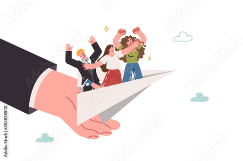 Mentoring assistance for young employees standing in paper plane flying thanks to support of boss