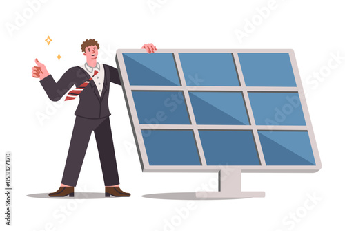 Solar panel for generating electricity from renewable sources, near man showing thumbs up