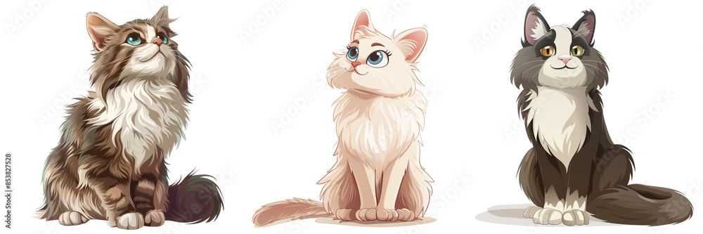 Set of cartoon style fluffy cats characters isolated on transparent background Set of cartoon style fluffy cats characters isolated on transparent background