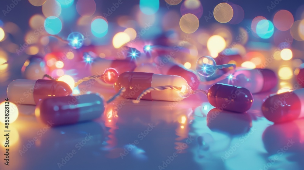 A bunch of pills are scattered on a dark surface, with a bright light shining on them. The pills are red and white, and they appear to be glowing in the light.
A bunch of pills are scattered on a dark surface, with a bright light shining on them. The pills are red and white, and they appear to be glowing in the light.