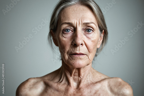 An old age septuagenarian Caucasian woman, face with wrinkles, skin aged lines. Closeup elder female portrait. Concept on ageing, caring for elderly, healthcare for seniors, health issues, dementia.