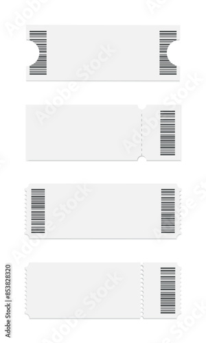 Abstract blank ticket stubs template on white background. Ticket mockup in different shapes with barcode. Realistic style. Vector illustration