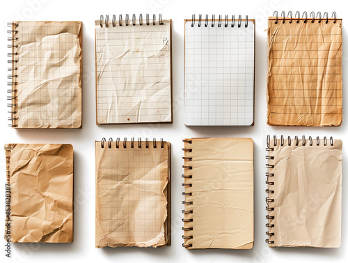 Set of notebook paper sheets isolated on a transparent PNG background.