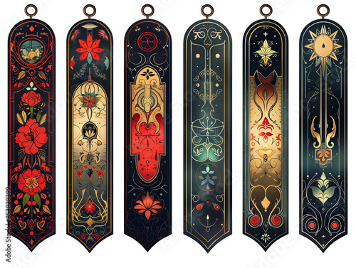 Set of beautiful bookmarks isolated on a transparent PNG background.
