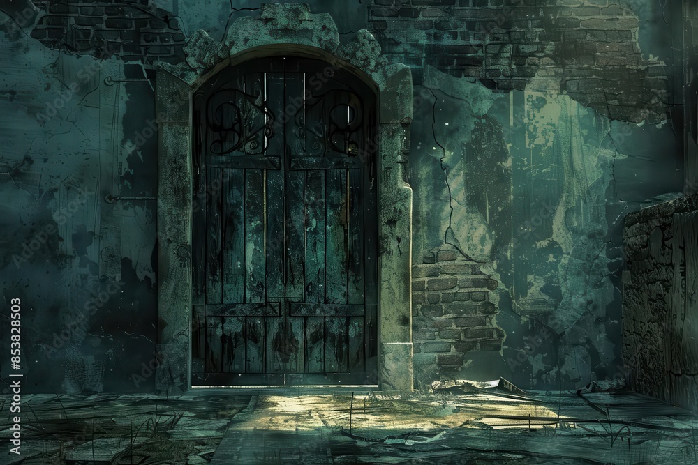 abandoned crumbling building with open door mysterious atmosphere digital illustration abandoned crumbling building with open door mysterious atmosphere digital illustration