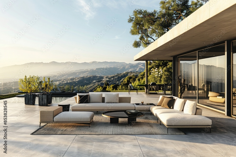 Fototapeta premium The modern patio, equipped with luxury furniture, ensures a comfortable and serene environment for ultimate relaxation