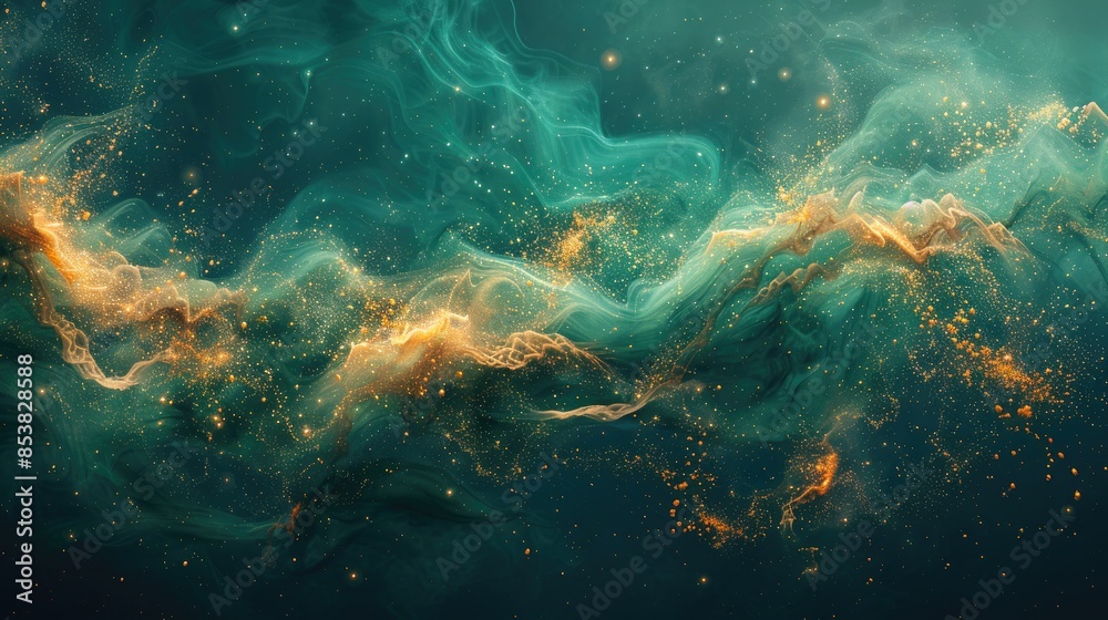 Fototapeta premium Abstract green and gold fluid art with flowing waves and sparkles, perfect for luxurious designs, creative projects, and modern decor